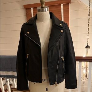 All Saints black leather jacket with gold trim. The Dalby jacket, classic staple